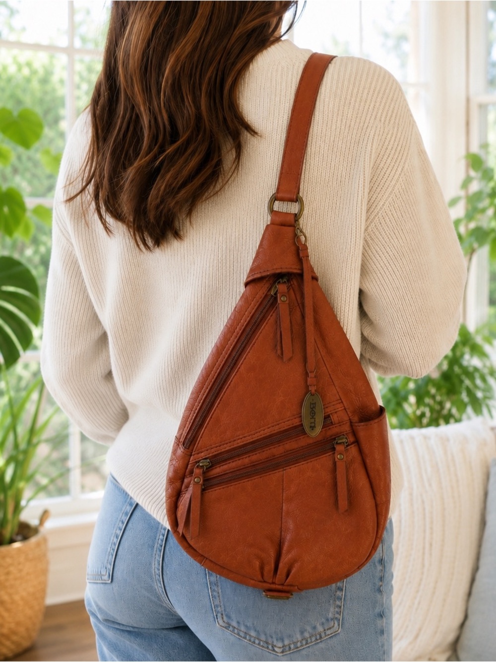 Born Cognac Brown Leather Teardrop Crossbody Sling Bag